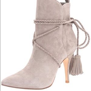 Schutz Women's Fadhila Ankle Suede Bootie Heel, Color: Mouse, Size 9